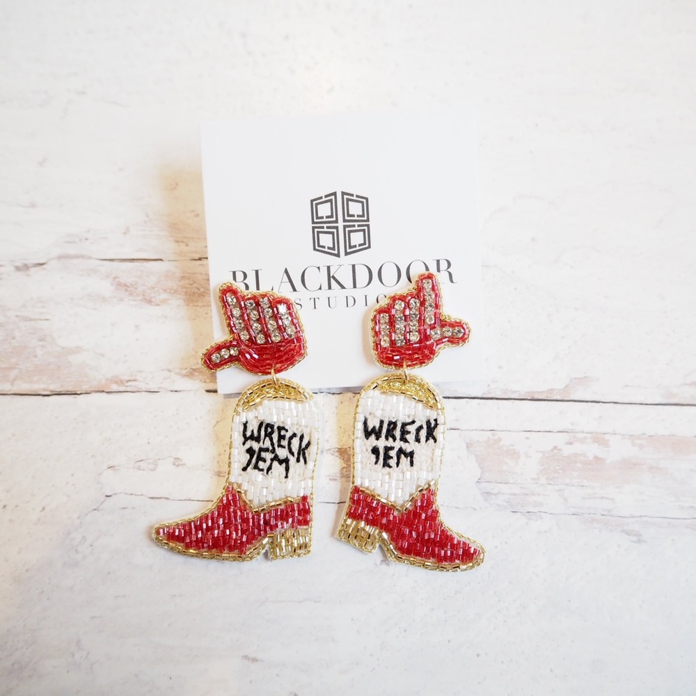 Beaded Collegiate Wreck ‘Em Tech Texas Tech Raiders Boot Game Day Earrings